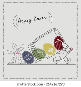 Lovely hand drawn Easter design, cute bunnies and colorful eggs, , invitations, banners, wallpapers - vector design