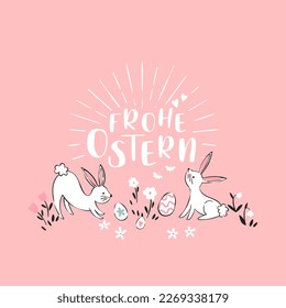 Lovely hand drawn easter designs with text in german "Happy Easter" cute hand drawn bunnies, eggs and decoration - vector design 