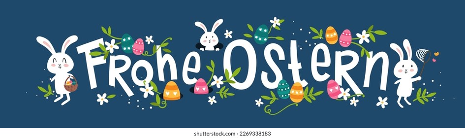 Lovely hand drawn easter designs with text in german "Happy Easter" cute hand drawn bunnies, eggs and decoration - vector design 