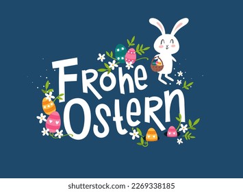 Lovely hand drawn easter designs with text in german "Happy Easter" cute hand drawn bunnies, eggs and decoration - vector design 