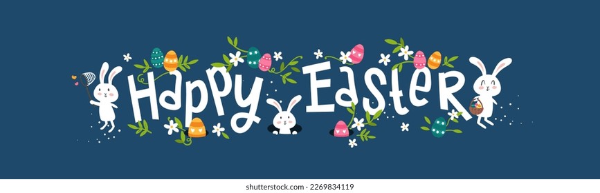 Lovely hand drawn easter designs with text  "Happy Easter" cute hand drawn bunnies, eggs and decoration - vector design 