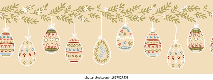 Lovely hand drawn Easter horizontal seamless pattern, cute doodle eggs, great for textiles, banners, wallpaper, wrapping - vector design