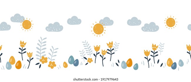 Lovely hand drawn Easter horizontal seamless pattern, doodle bunnies, eggs and flowers, great for banners, wallpapers, wrapping, textiles - vector design