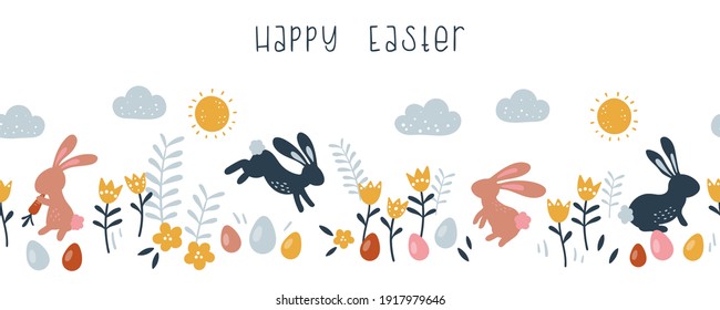 Lovely hand drawn Easter horizontal seamless pattern, doodle bunnies, eggs and flowers, great for banners, wallpapers, wrapping, textiles - vector design