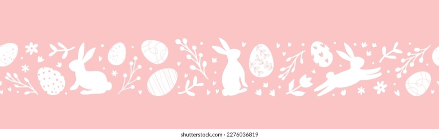 Lovely hand drawn Easter horizontal seamless pattern with doodle eggs, bunnies, flowers. Easter festive border. Suitable for textiles, banners, wallpaper, wrapping paper. 