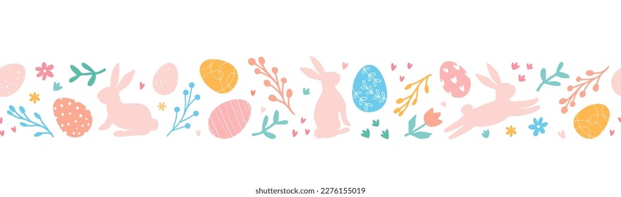 Lovely hand drawn Easter horizontal seamless pattern with doodle eggs, bunnies, flowers. Easter festive border. Suitable for textiles, banners, wallpaper, wrapping paper. 