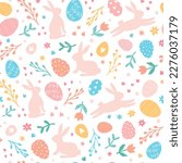 Lovely hand drawn Easter seamless pattern with bunnies, doodles, flowers, easter eggs, beautiful background. Suitable for Easter cards, banner, textiles, wallpapers. Vector illustration.
