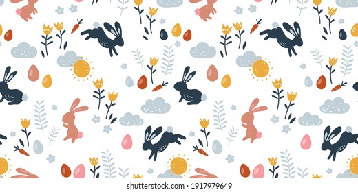 Lovely hand drawn Easter seamless pattern, doodle bunnies, eggs and flowers, great for banners, wallpapers, wrapping, textiles - vector design