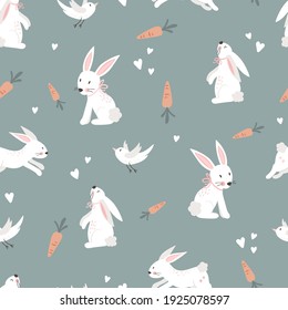 Lovely hand drawn Easter seamless pattern, cute bunnies and decoration, spring beackground, great for banners, wallpapers, wrapping, textiles - vector design