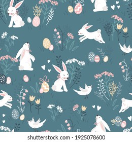 Lovely hand drawn Easter seamless pattern, cute bunnies and decoration, spring beackground, great for banners, wallpapers, wrapping, textiles - vector design