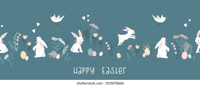 Lovely hand drawn Easter seamless pattern, cute bunnies and decoration, spring beackground, great for banners, wallpapers, wrapping, textiles - vector design