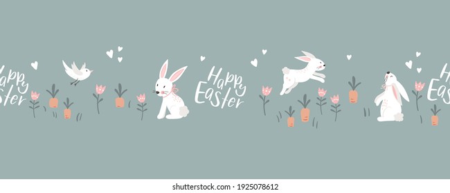 Lovely hand drawn Easter seamless pattern, cute bunnies and decoration, spring beackground, great for banners, wallpapers, wrapping, textiles - vector design