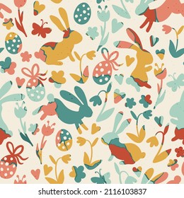 Lovely hand drawn Easter seamless pattern, doodle bunnies, eggs and flowers, great for banners, wallpapers, wrapping, textiles - vector design