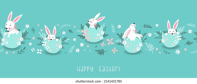 Lovely hand drawn Easter seamless border with cute bunnies sitting in an Easter Egg, great for banners, invitations, cards - vector design
