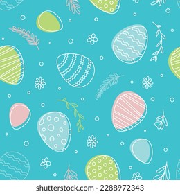 Patrón sin costuras de Pascua, adorables huevos de doodle con flores y hierba sobre fondo azul oscuro