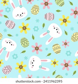 Lovely hand drawn Easter seamless pattern with bunnies, flowers, easter eggs, beautiful background. Suitable for Easter cards, banner, textiles, wallpapers. 