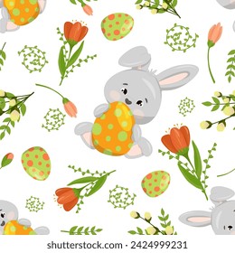 Lovely hand drawn Easter seamless pattern with bunnies, eggs and flowers, great for banners, wallpapers, packaging, textiles - vector design.