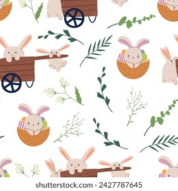 Lovely hand drawn Easter seamless pattern, doodle bunnies, eggs and flowers, great for banners, wallpapers, wrapping, textiles - vector design