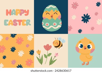 Lovely hand drawn Easter seamless pattern, doodle bunnies, eggs and flowers, great for banners, wallpapers, wrapping, textiles - vector design ,flat illustration