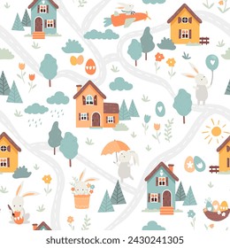 Lovely hand drawn easter seamless pattern with cute decorations, sweet hand drawn bunnies, eggs and flowers - vector design