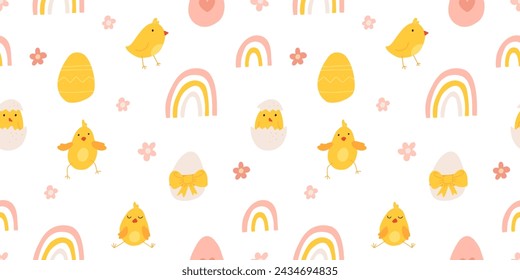 Lovely hand drawn Easter seamless pattern with bunnies, doodles, flowers, easter eggs, beautiful background. Suitable for Easter cards, banner, textiles, wallpapers.