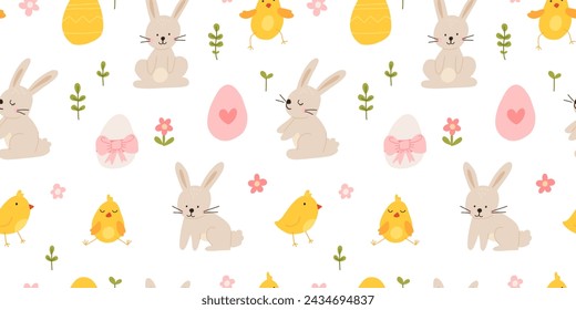 Lovely hand drawn Easter seamless pattern with bunnies, doodles, flowers, easter eggs, beautiful background. Suitable for Easter cards, banner, textiles, wallpapers.