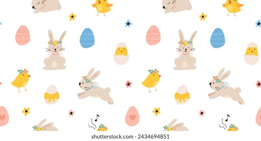 Lovely hand drawn Easter seamless pattern with bunnies, doodles, flowers, easter eggs, beautiful background. Suitable for Easter cards, banner, textiles, wallpapers.