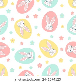 Lovely hand drawn Easter seamless pattern with bunnies, doodles, flowers, easter eggs, beautiful background. Suitable for Easter cards, banner, textiles, wallpapers. Vector illustration.