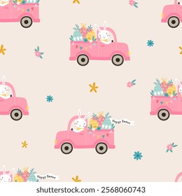 Lovely hand drawn Easter seamless pattern, happy bunny and vehicle, great for textiles, banners, background, wallpaper - vector design