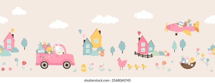 Lovely hand drawn Easter seamless pattern, happy bunny and vehicle, great for textiles, banners, background, wallpaper - vector design