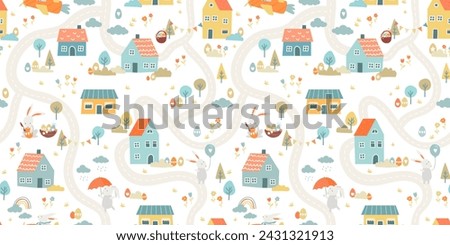 Lovely hand drawn easter seamless pattern with cute decorations, sweet hand drawn bunnies, eggs and flowers - vector design