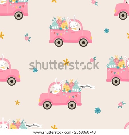 Lovely hand drawn Easter seamless pattern, happy bunny and vehicle, great for textiles, banners, background, wallpaper - vector design