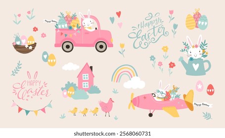 Lovely hand drawn Easter vector elements, truck, plane, house, flowers and more.