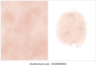 Lovely Hand Drawn Floral Card with Pink Roses on a Light Pink Watercolor Stain. Watercolor Blush Pink Background. Delicate Pastel Pink Drawing of a Rose Bouquet. With Love.
