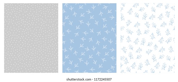 Lovely Hand Drawn Floral and Dots Abstract Vector Patterns. Light Blue, Grey and White Backgrounds. Tiny White and Blue Delicate Twigs and Circles. Cute Simple Abstract Graphic. Irregular Design. 