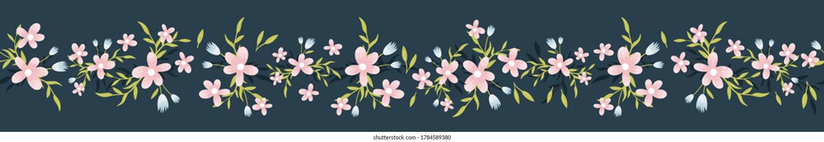 Lovely hand drawn floral horizontal seamless pattern, cute spring or summer background with flowers and leaves, great for textiles, banners, wrapping - vector design