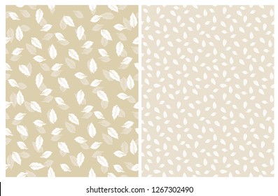 Lovely Hand Drawn Floral Vector Pattern. Light Gold and White Leaves. Gold Background. Subtle Pastel Color Drawing.  Lovely Repeatable Pattern.