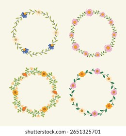 Lovely Hand Drawn Floral Wreaths Collection. Delicate Flower Crowns with Spring and Summer Elements. Perfect for invitations, cards, logos, print, web.