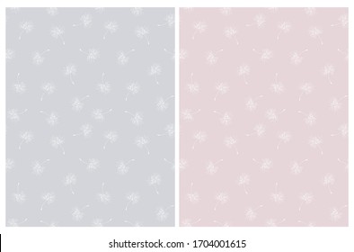 Lovely Hand Drawn Flying Dandelion Seeds Vector Pattern. Delicate Pastel Color Repeatable Design.White Flying Dandelion Seeds Isolated on a Gray and Pale Pink Background. 