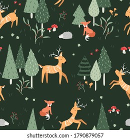 Lovely hand drawn forest seamless pattern with deer and trees. Great for textiles, banners, wallpapers, wrapping - vector design