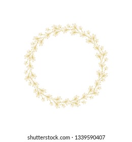 Lovely Hand Drawn Gold Elegant Twigs Isolated on a White Background.Round Shape Vector Branch Frame. Vintage Style Delicate Gold Sketched Floral Wreath. Illustration Without Text.Floral Decorative Art