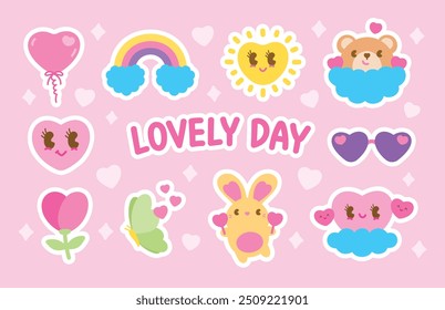 lovely hand drawn graphic element vector set in kawaii style with white outline