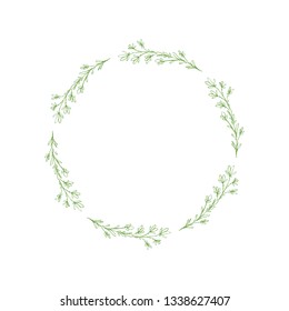 Lovely Hand Drawn Green Elegant Twigs Isolated on a White Background. Round Shape Vector Branch Frame. Vintage Delicate Green Sketched Floral Wreath. Illustration Without Text. Floral Decorative Art. 