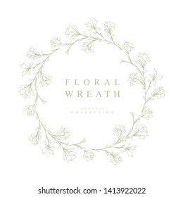 Lovely Hand Drawn Green Twigs. Round Shape Floral Vector Garland. White Background. Retro Style. Delicate Green Sketched Floral Wreath. Frame Made of Flowers Isolated on White.