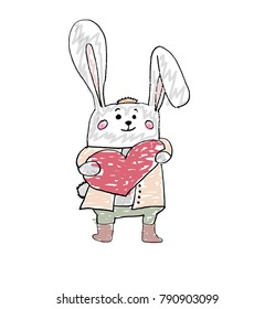 lovely hand drawn grey hear or rabbit with a heart in his hand. May be used on a valentines card. vector.
