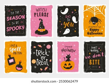 Schöne handgezeichnete Halloween Geschenkanhänger, niedliche Designs und Schriftzug 