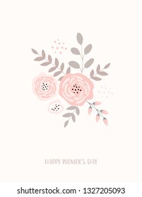 Lovely Hand Drawn Happy Women's Day Vector Card. Simple Abstract Floral Bouquet on a Light Pink Background. Pink Flowers and Beige Twigs and Sprigs. Cute Pastel Color 8 March Illustration.