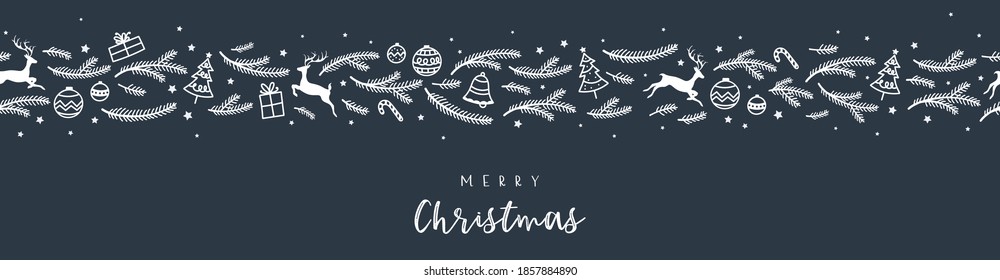 Lovely hand drawn horizontal seamless christmas design with reindeer, branches, baubles and decoration, great for banners, wallpapers, wrapping, textiles - vector design