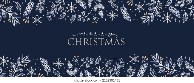 Lovely hand drawn horizontal seamless borders with winter branches, Christmas design, great for decorations, prints, cards - vector design