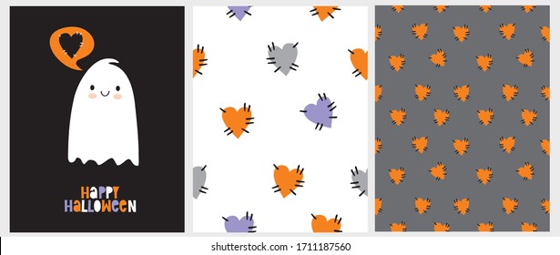 Lovely Hand Drawn Illustration with Cute Ghost Isolated on a Black Background. Funny Halloween Party. Simple Happy Halloween Card. Seamless Patterns with Orange and Violet Hearts on a Gray and White.